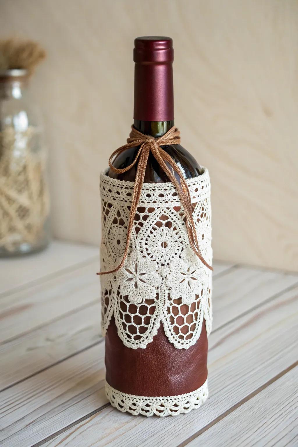 Elevate your wine present through a chic knit and leather covering for a hint of beauty and mystery.