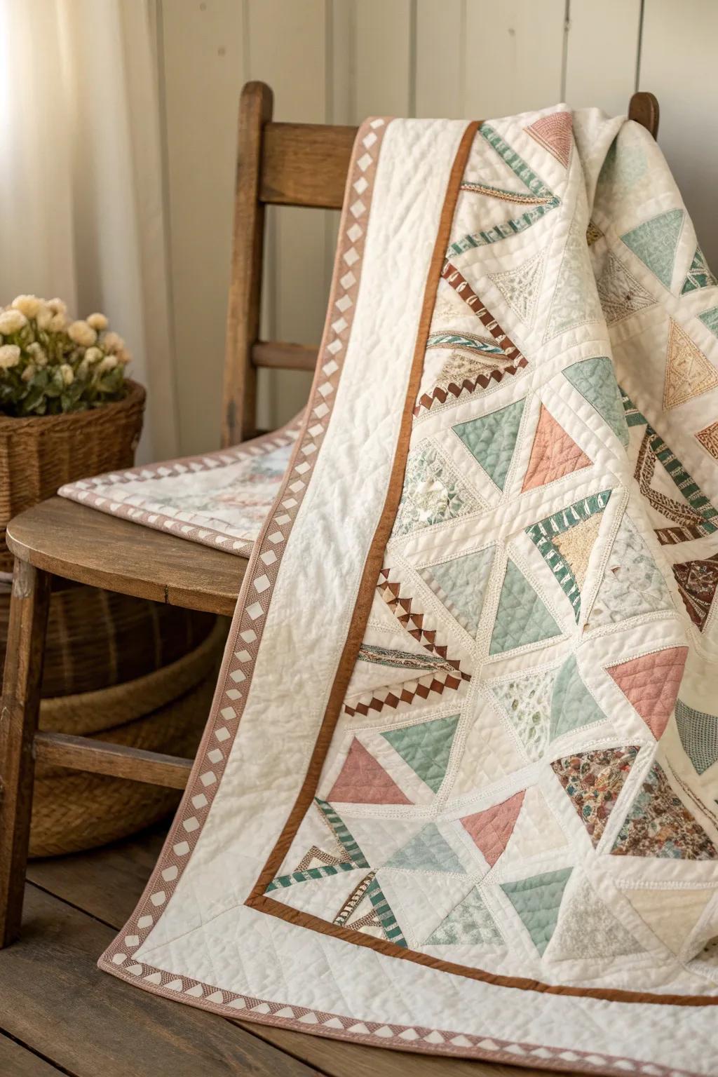 Embrace modern flair with geometric quilt ornamentation—where craftsmanship converges with contemporary elegance.