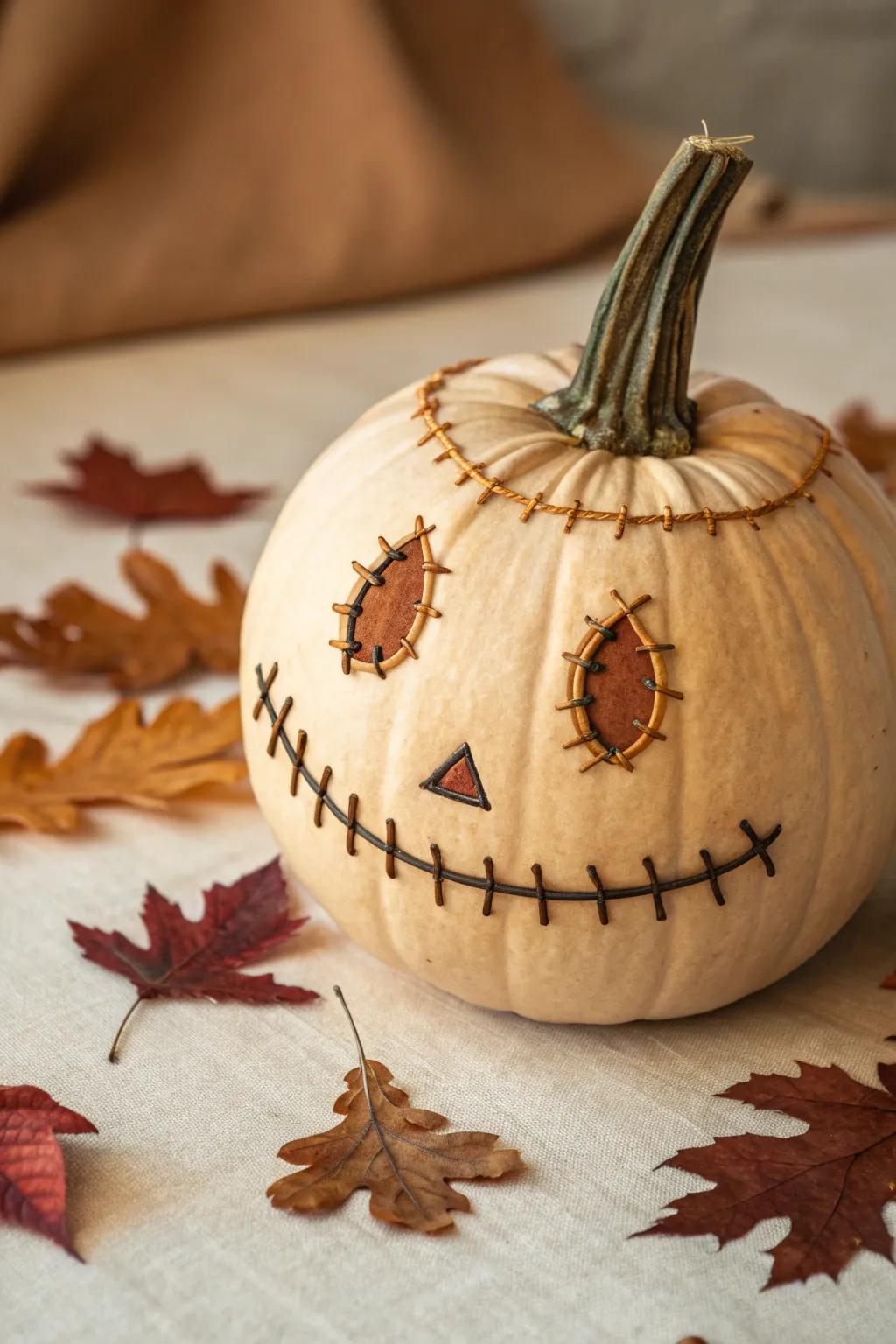 Appreciate the art of simplicity with this seamed mouth Jack-o'-lantern, where craftsmanship meets minimalist charm.