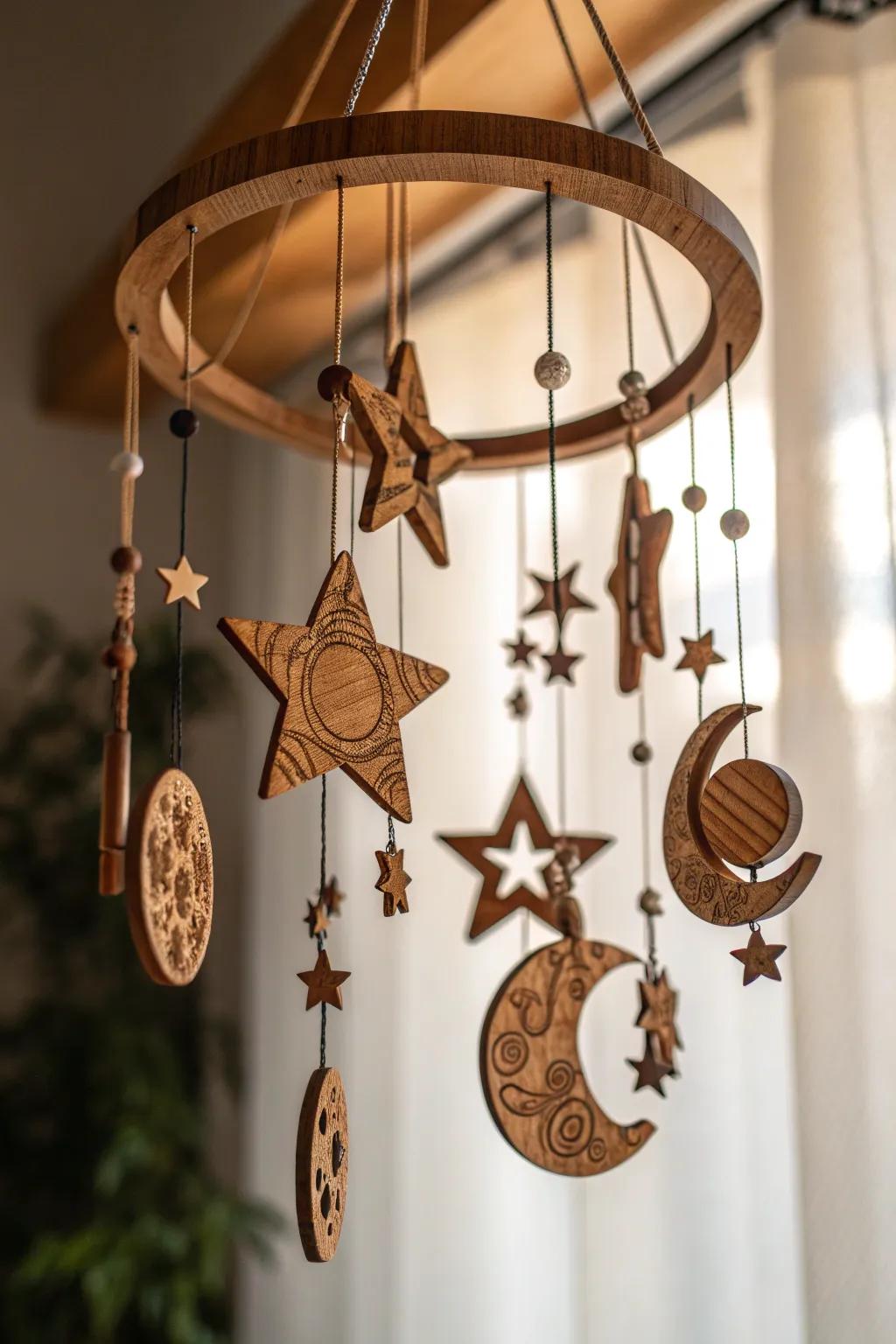 Elevate your expanse with a handcrafted celestial timber mobile, where artistry converges with caprice.