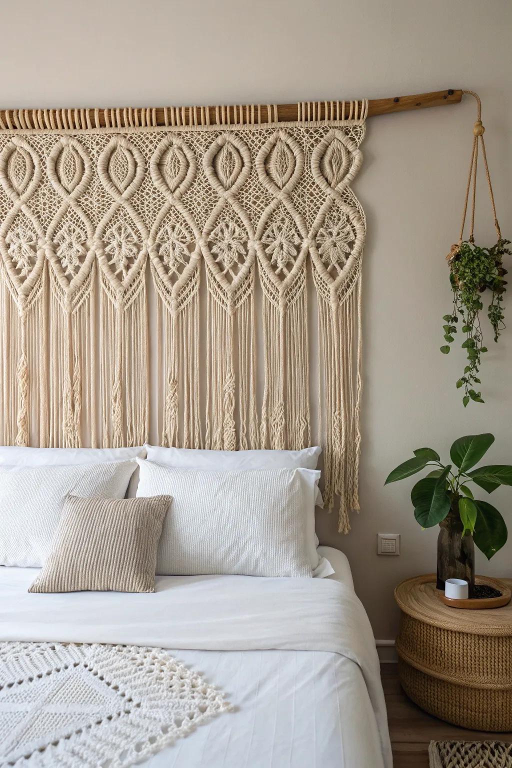 Transform your bedroom into a sanctuary with a macrame window covering headboard, blending artistry and simplicity for a serene retreat.