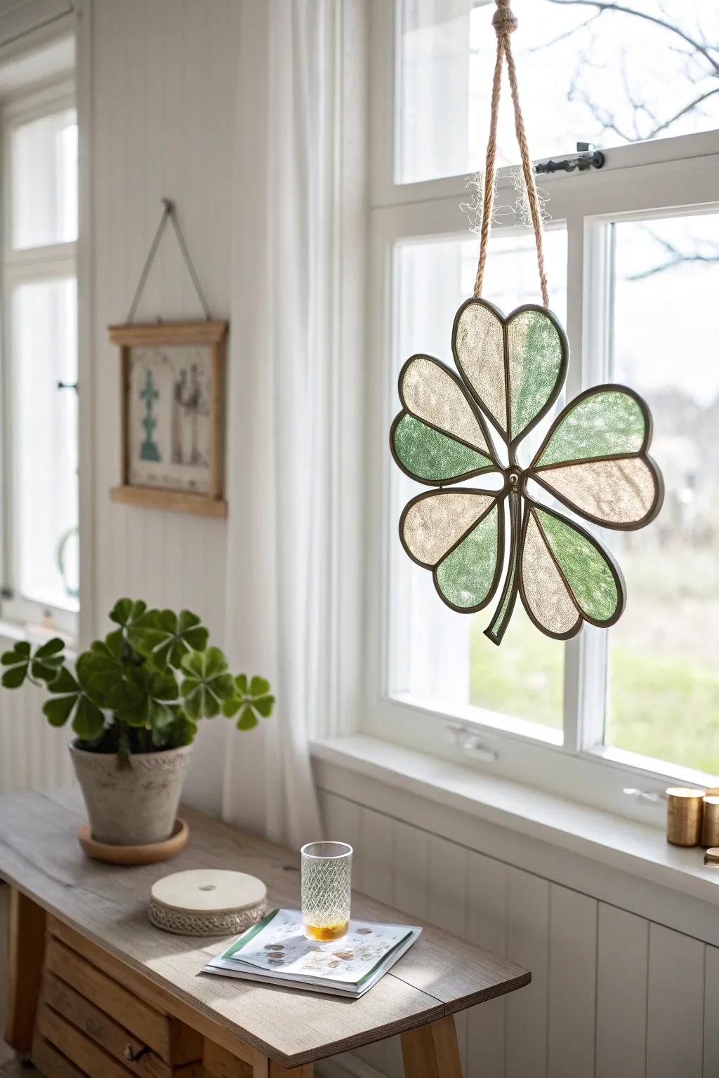 Seize the quintessence of spring with this captivating tinted pane shamrock artistry—impeccable for incorporating an impression of hue and elegance to your domestic ornamentation!