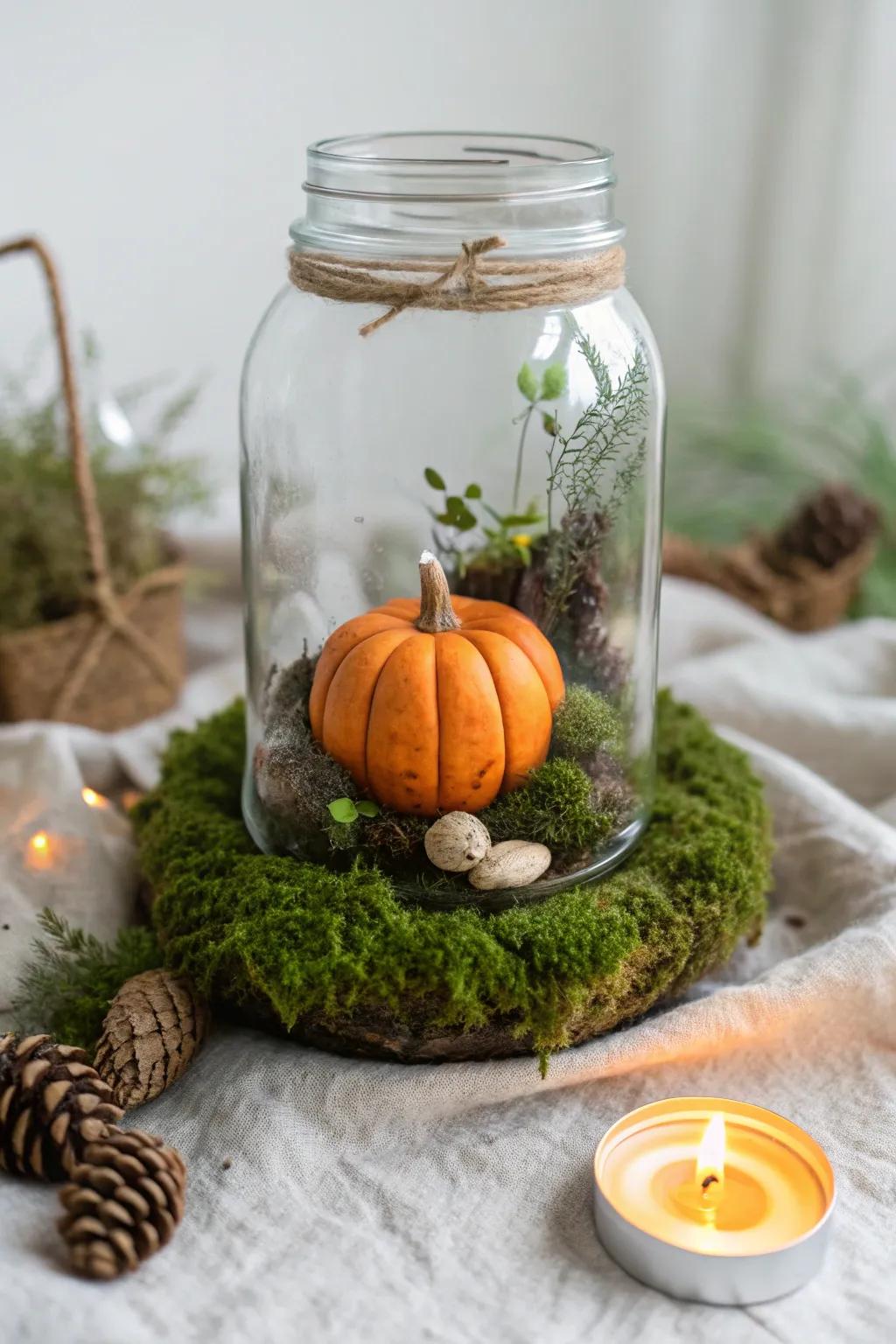 Embrace autumn's spell through a snug jar garden world.