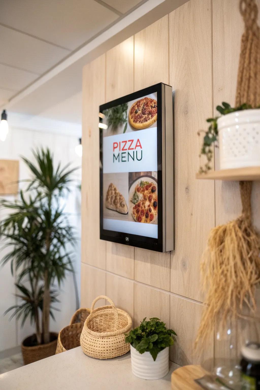 Elevate your pizza evening through a chic digital menu display for a modern, minimalist element.