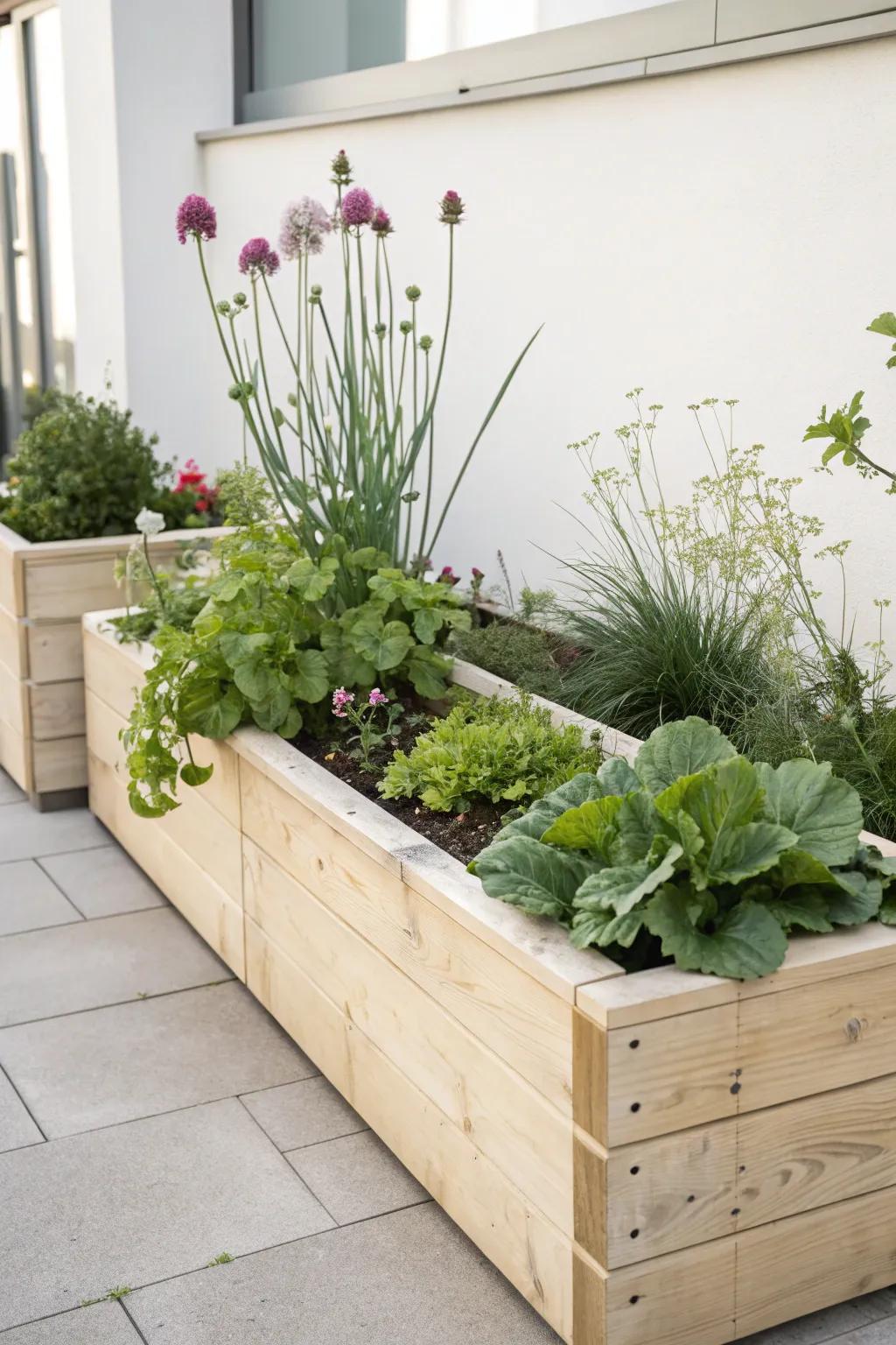 Discover the skill of intertwining greenery and blooms in a modern elevated garden bed for a stunning natural display.