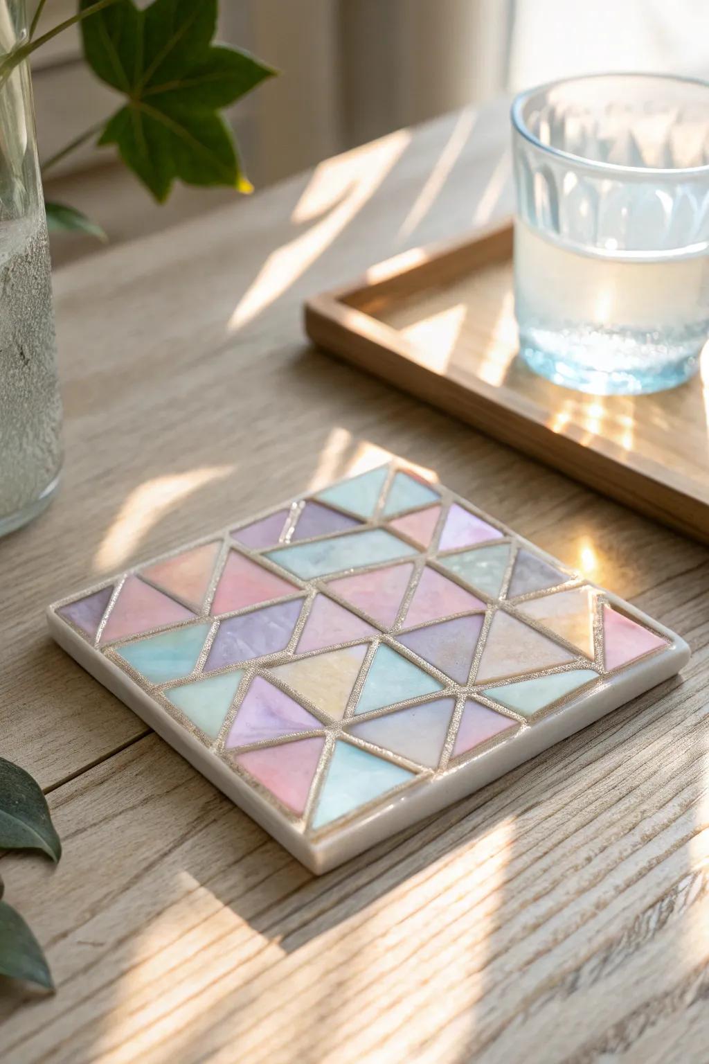 Illuminate your milieu with the ageless allure of a painted glass mosaic coaster, where illumination waltzes through delicate tonalities.