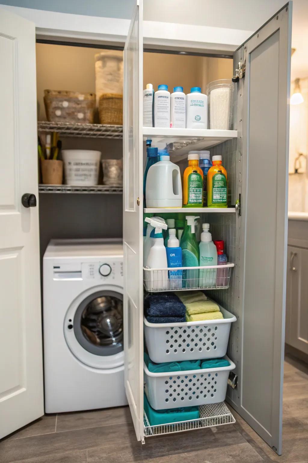 Slender cupboards uphold tidy and reachable laundry essentials.