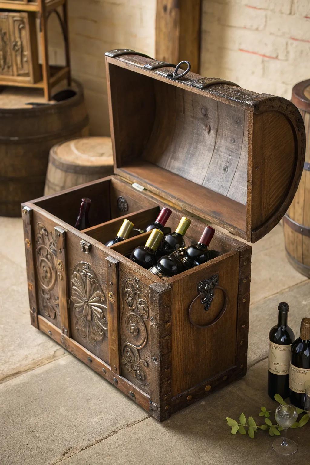 Elevate your wine collection with this artisanal trunk-turned-wine-holder, a perfect blend of craftsmanship and style.