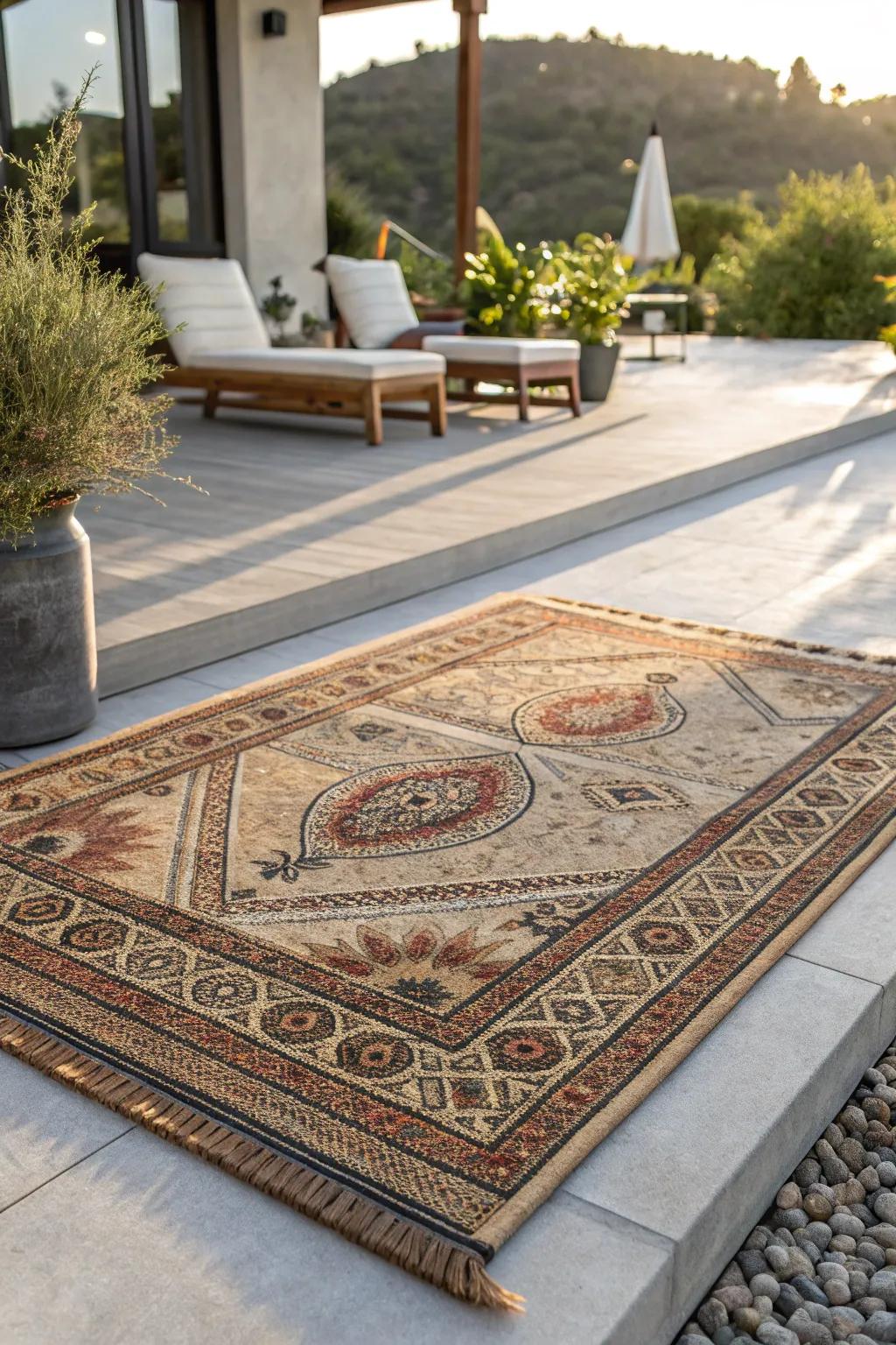 Elevate your outdoor setting with the craftsmanship of a beautifully designed rug.