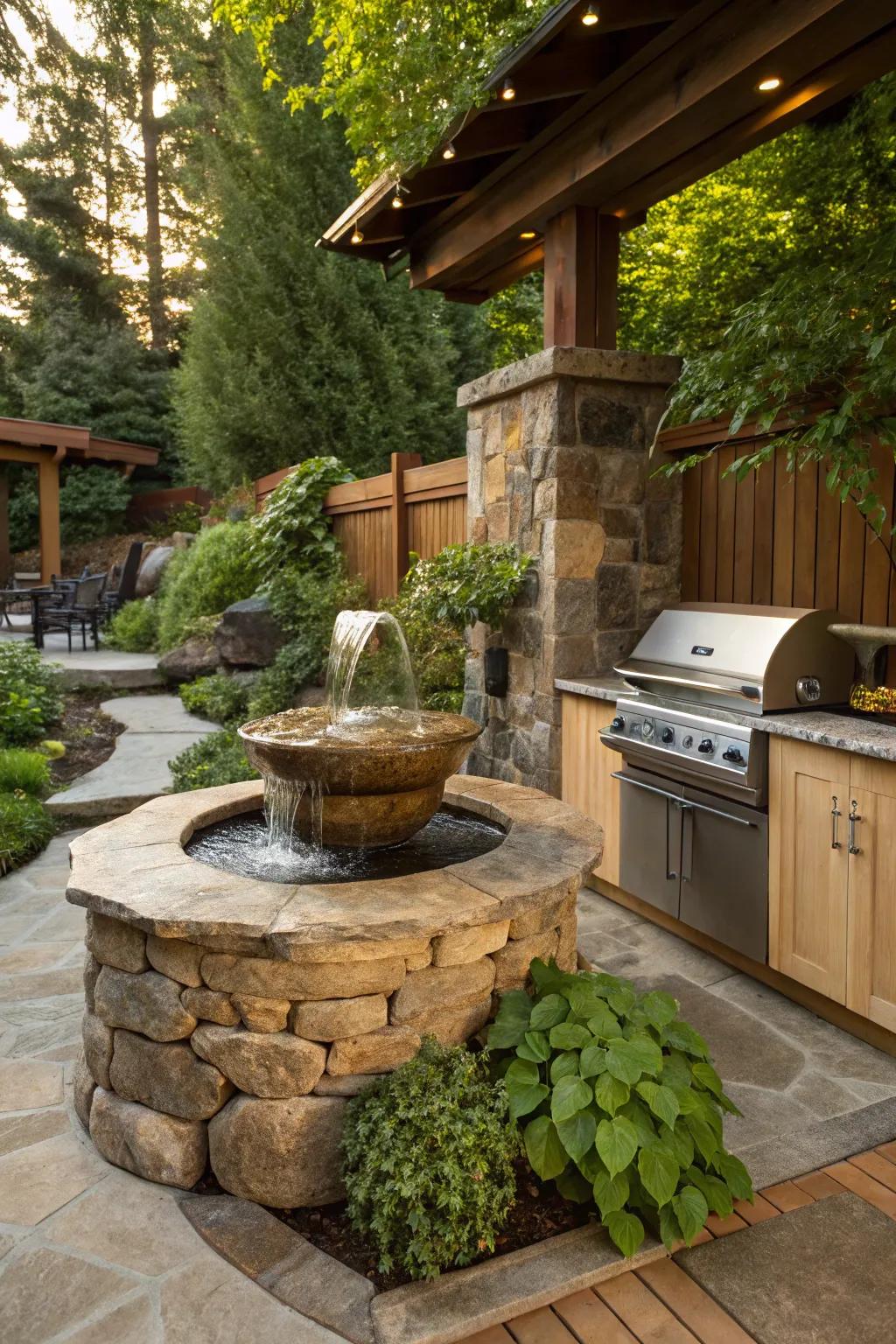 Transform your outdoor cooking area with a bespoke water feature to add a touch of tranquility.