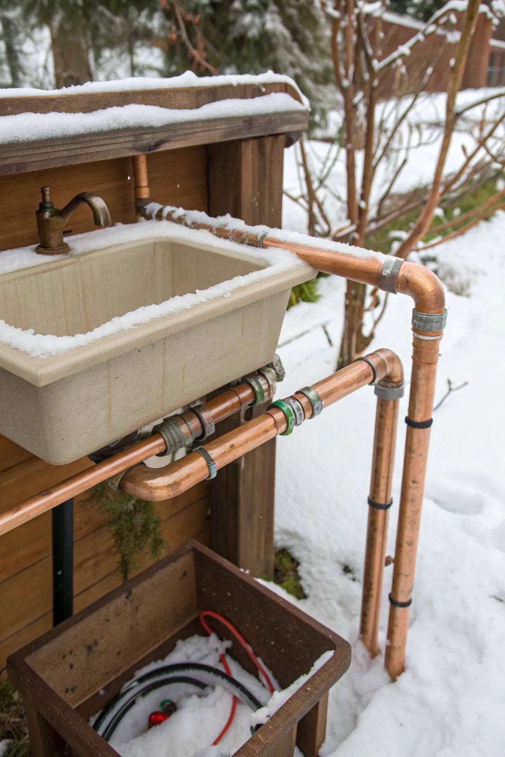 Stay ahead of winter with heating cord protection for your outdoor sink. Practical craftsmanship at its finest.