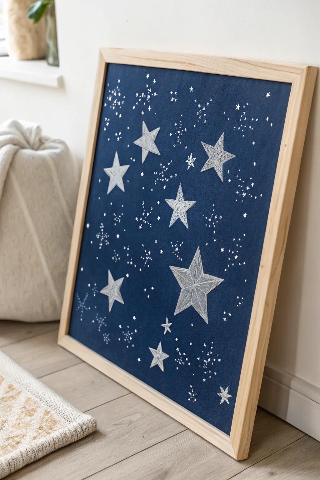 Embrace the enchantment of the nocturnal sky through this minimalist starry canvas, a flawless fusion of simplicity and natural splendor.