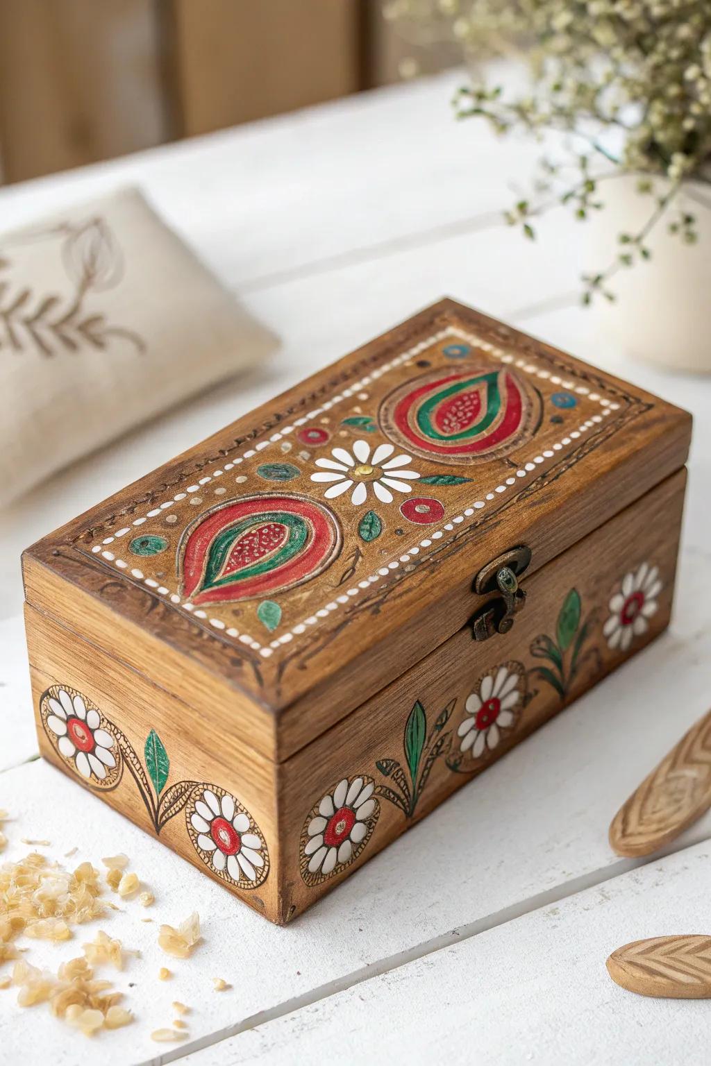 Discover the world through art: a storage box adorned with global cultural patterns.