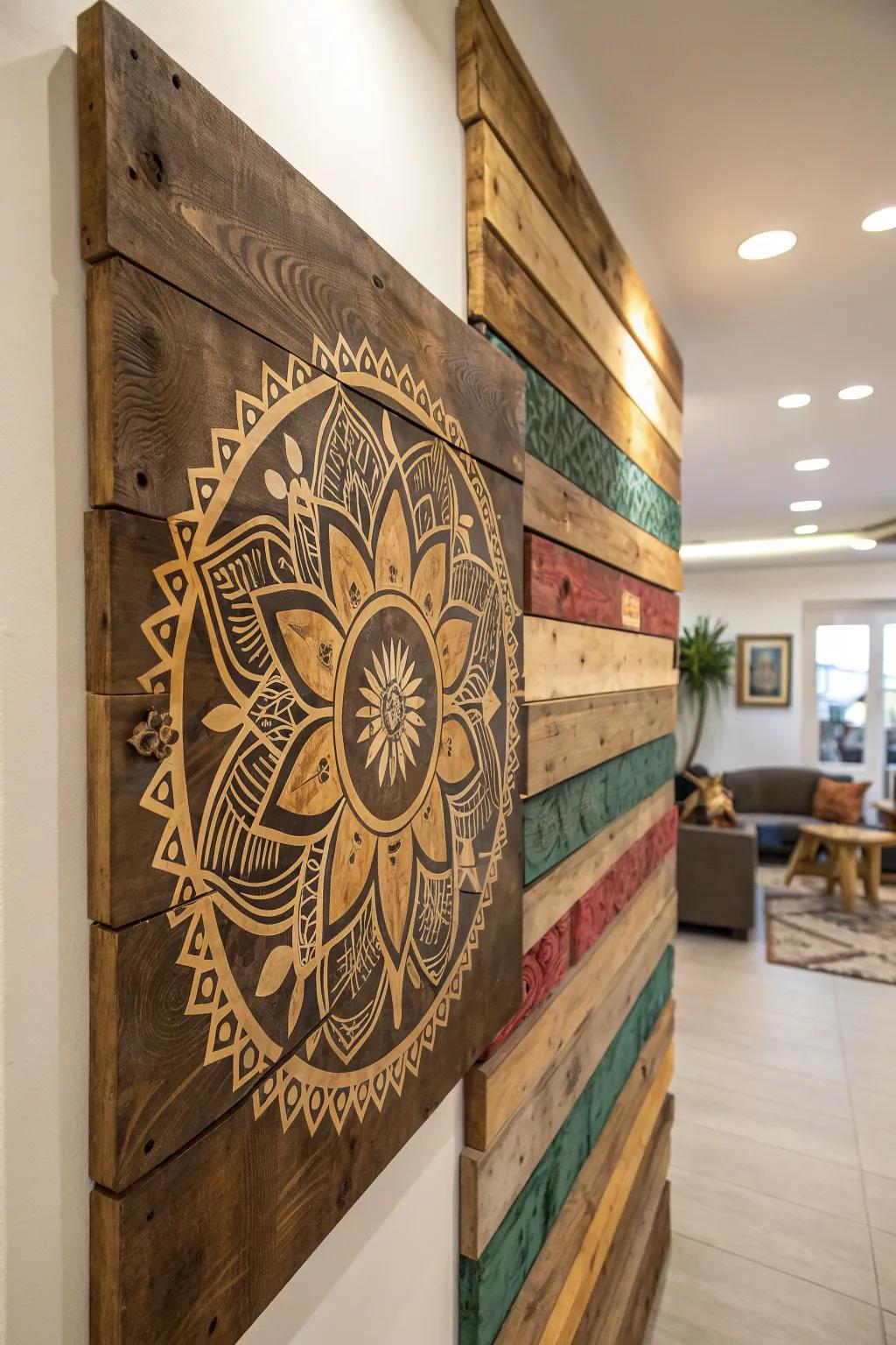 Transmute your ambiance utilizing this awe-inspiring reclaimed pallet timber mural art, a convergence of craftsmanship and ingenuity.
