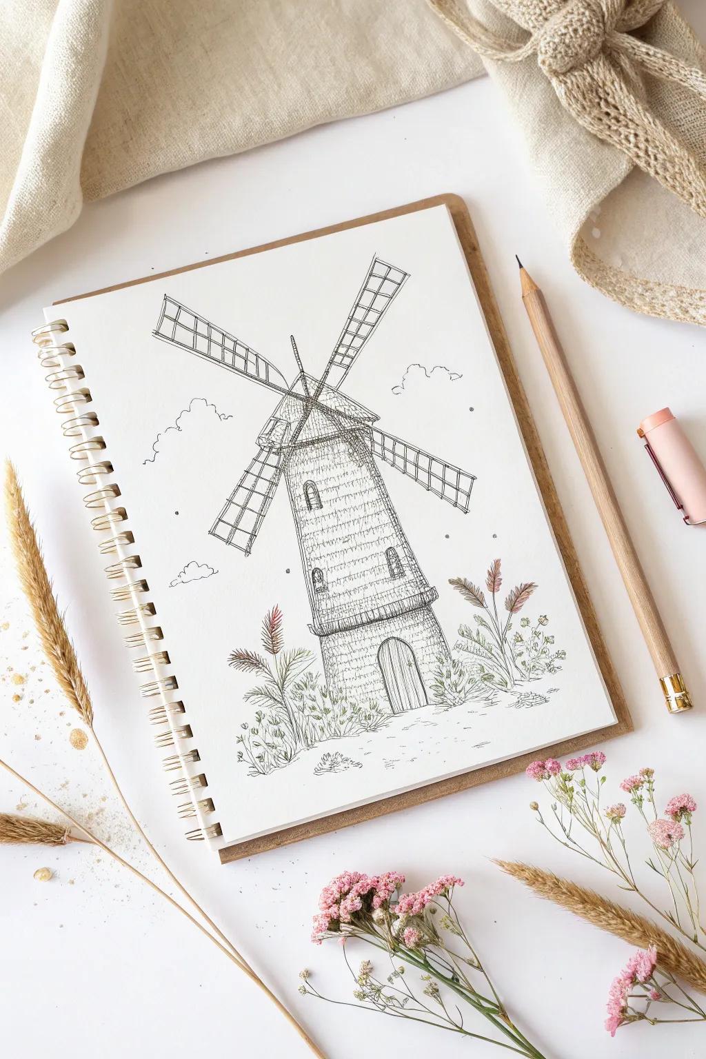 Capture the essence of playful sophistication through this understated pen rendition of a mill.