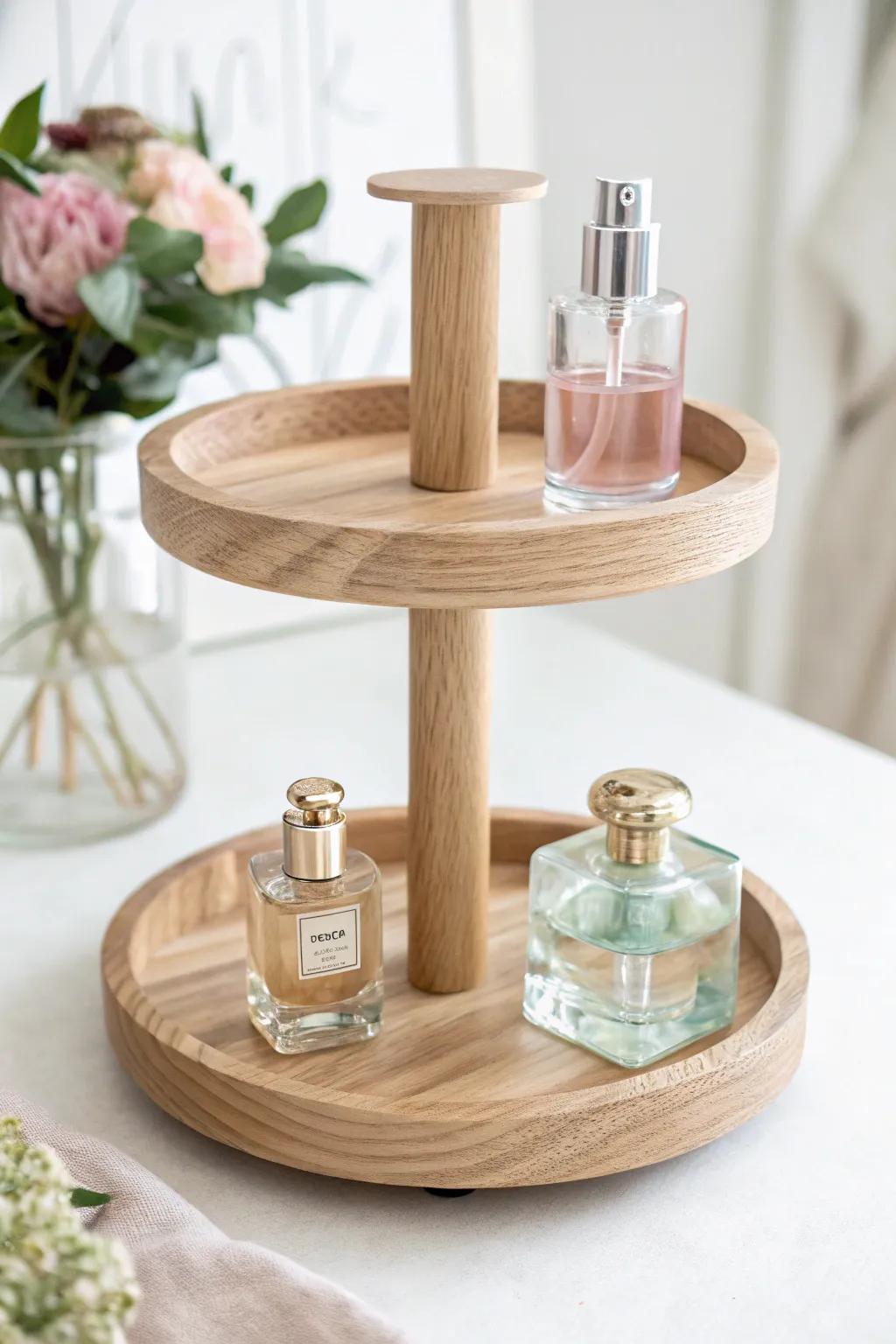 Elevate your space with a tiered jewelry stand turned perfume organizer, blending minimalist design with bohemian charm.