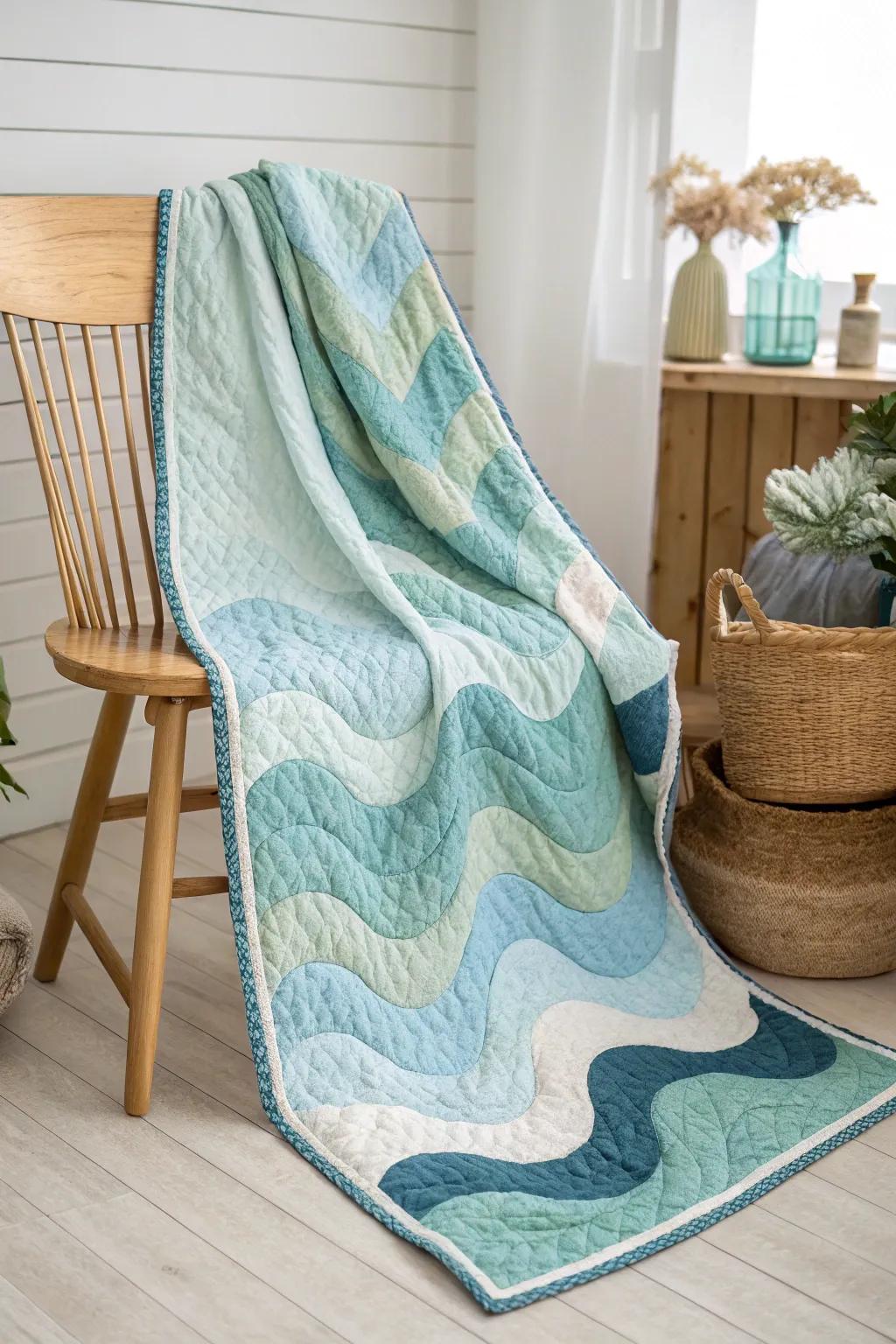 Embrace tranquility utilizing a wavy quilt border, ushering the serenity of the ocean into your dwelling.