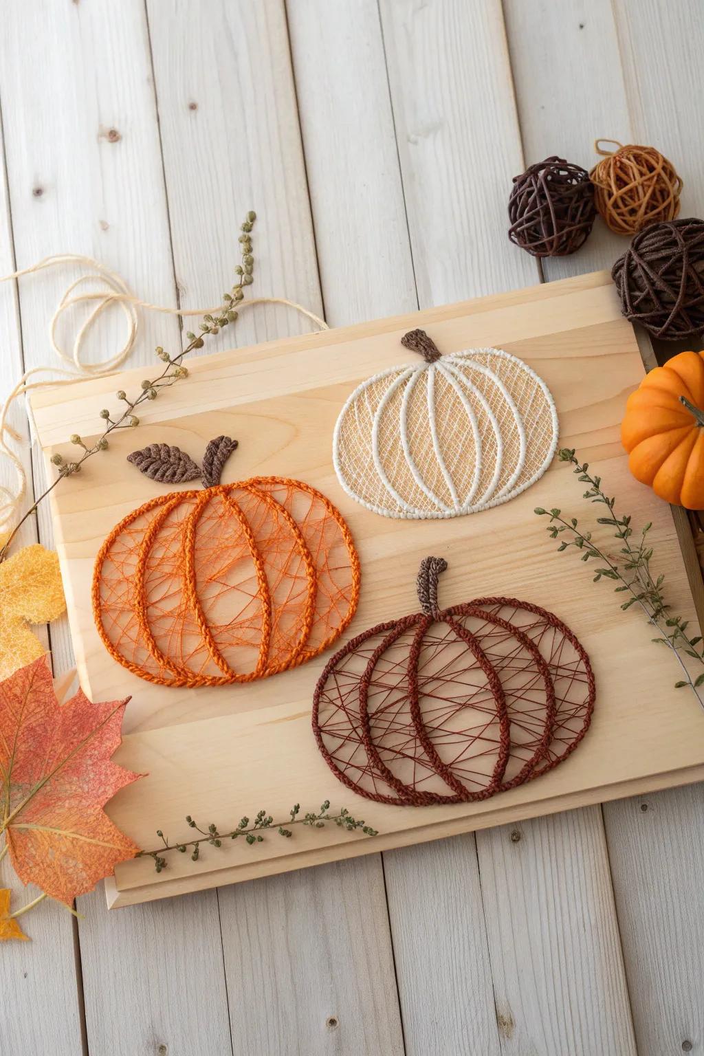 Embrace the cozy charm of autumn with this minimalist pumpkin patch string art, perfect for adding a touch of seasonal warmth to your home.
