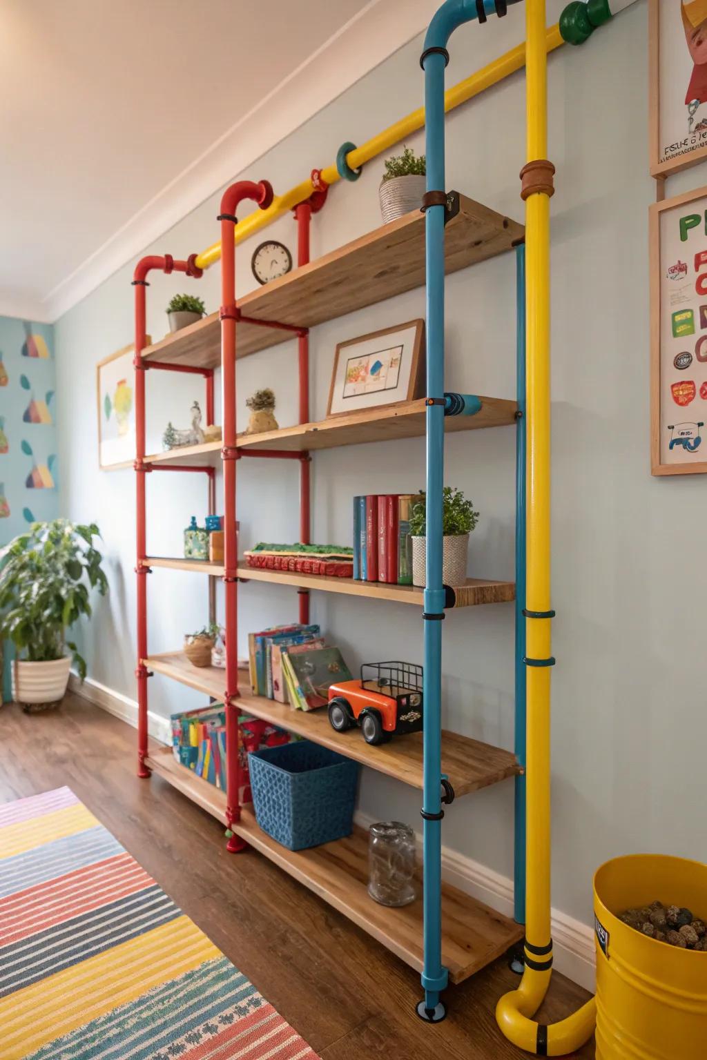 Transform play and storage into art with colorful pipe shelving for kids’ rooms!