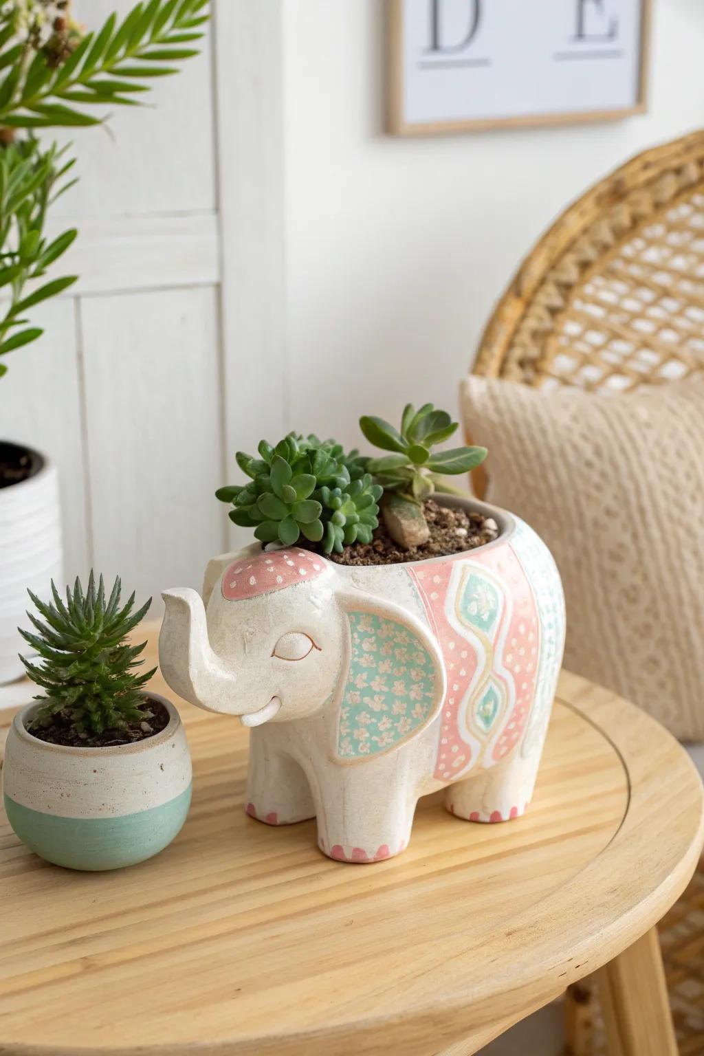 Introduce a hint of whimsy to your expanse with this charming pachyderm-shaped receptacle, impeccable for diminutive verdant inclinations!