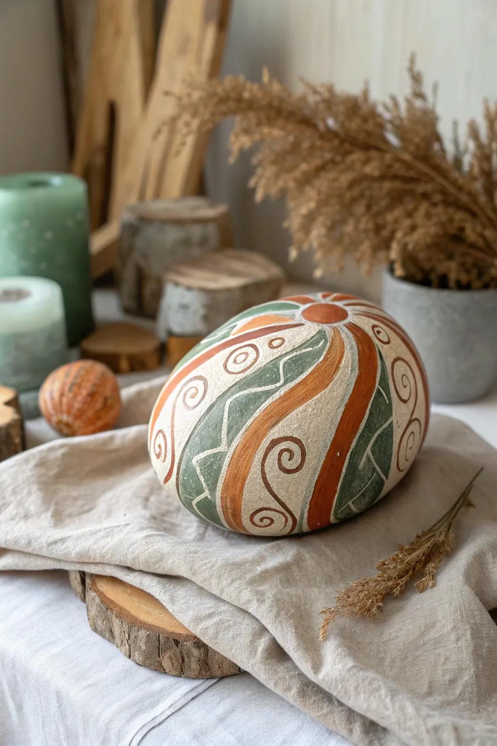 Embrace autumn with a soupçon of artistic panache—abstract gourd stone painting that coalesces minimalist elegance with boho allure.