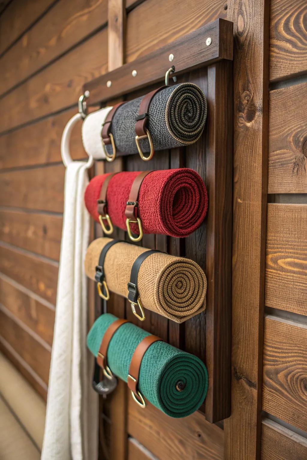 Transform your storage arrangements with rustic appeal and precision: the ultimate tie-down strap organizer.