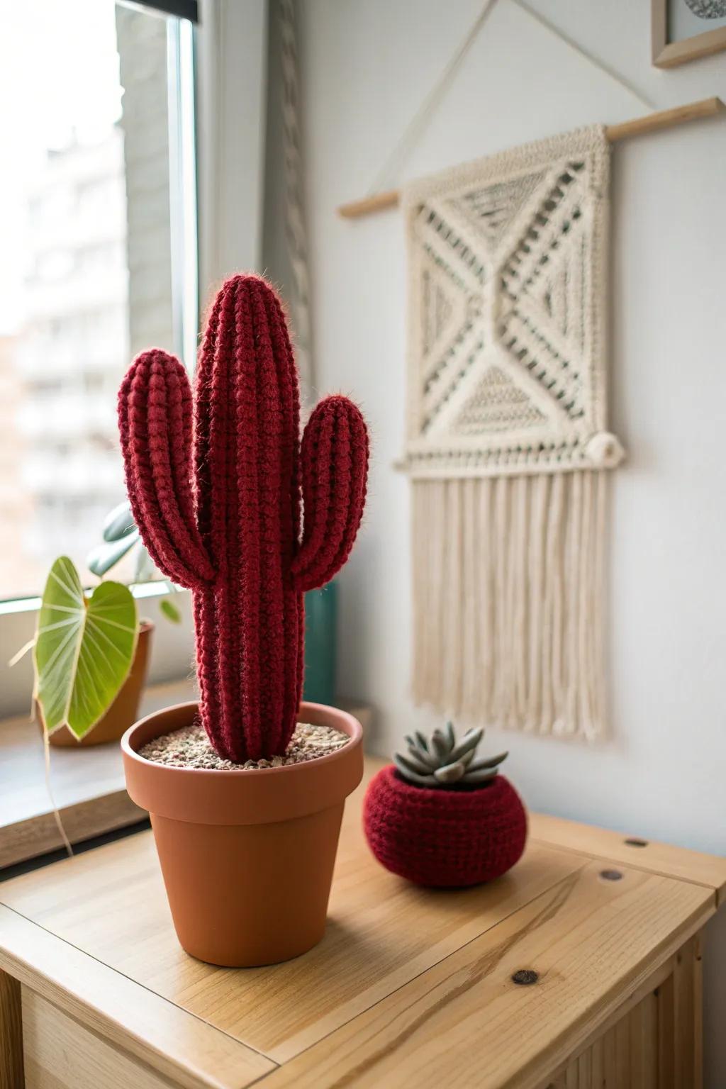 Elevate your décor with a unique twist: the scarlet crochet cactus, a fusion of minimalism and boho allure.
