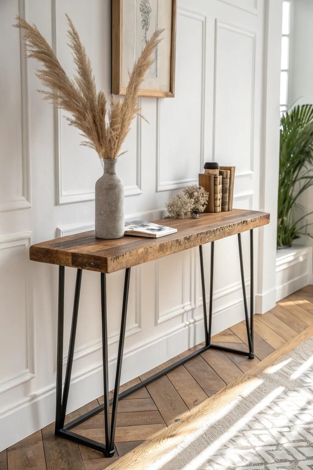 Transform your space with a touch of rustic elegance: a console table born from salvaged beauty.