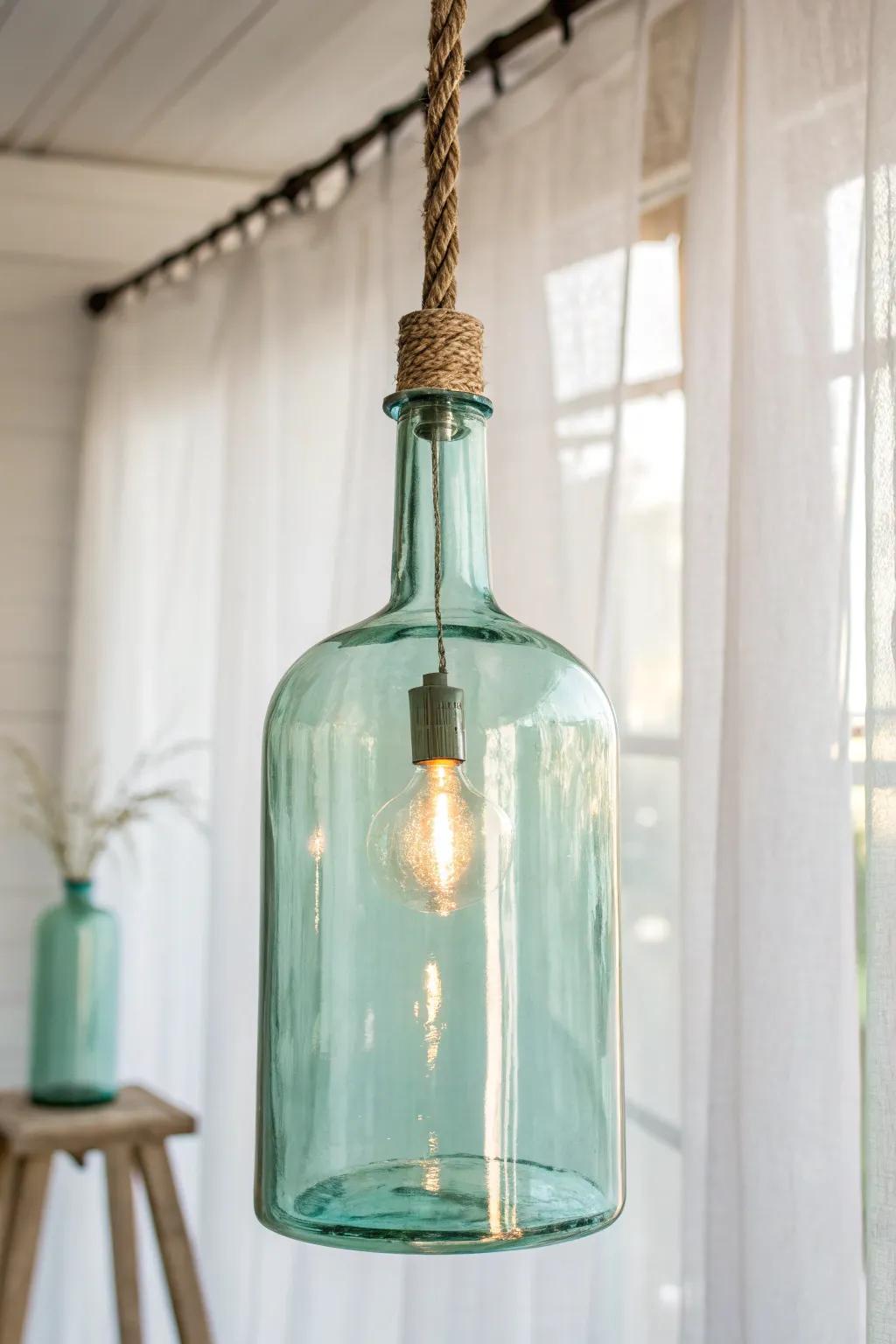 Illuminate your space via the timeless elegance of a repurposed vitreous flask suspending light. #ScandinavianDesign #BohoChic #UpcycledBeauty