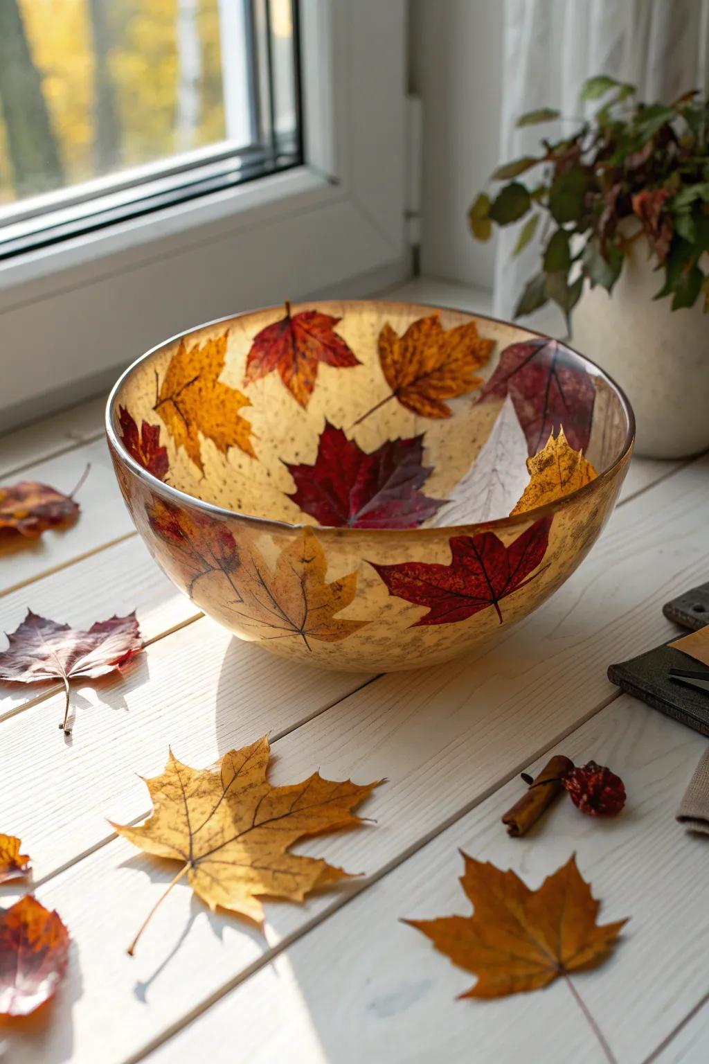 Seize the quintessence of autumn through a stunning resin bowl ushering the warmth of the season into your abode.