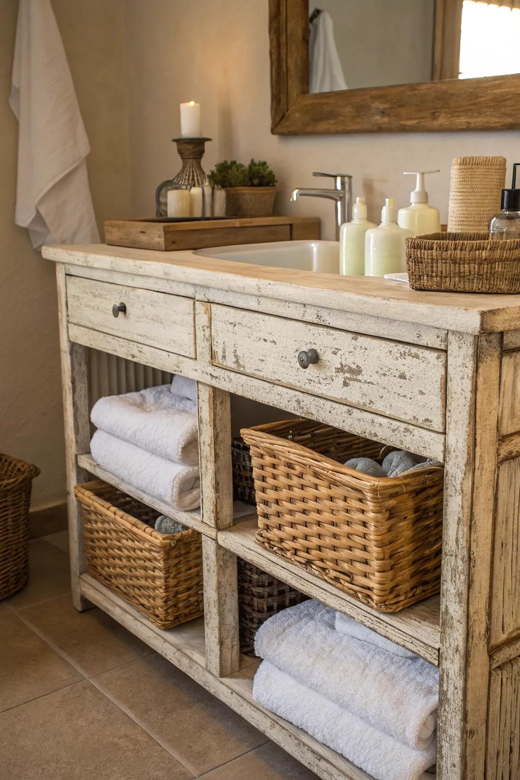A country bathroom vanity that features wicker baskets for storage.
