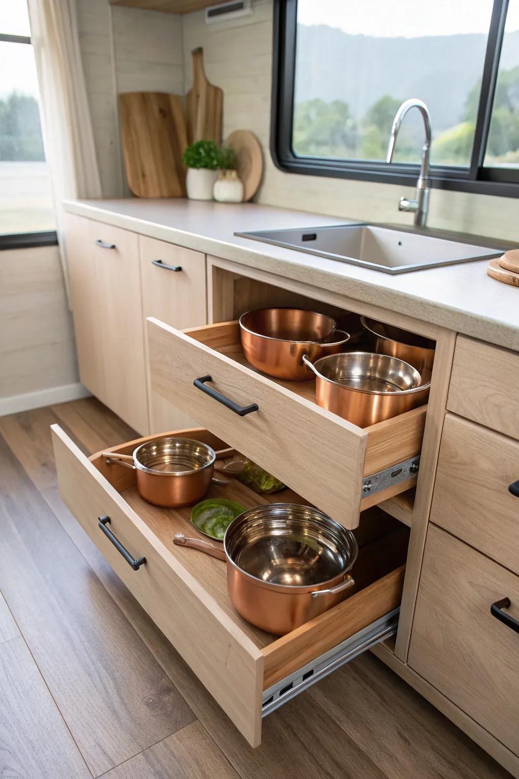 Fashionable elegance flawlessly blends with function in RV kitchen storage.