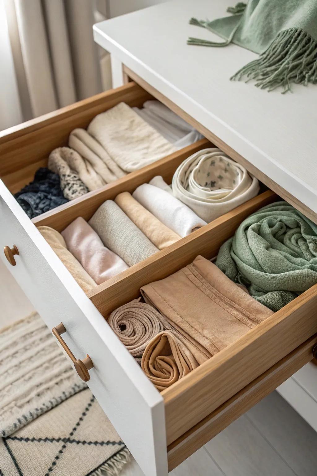 Transform your drawer into an organized haven with stylish dividers for your scarves.
