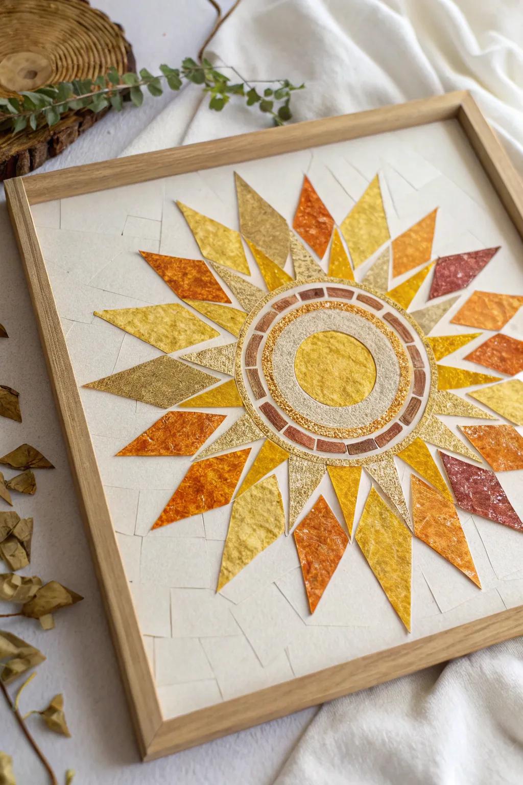 Capture the essence of summer with this vibrant paper mosaic sun, a proof to the grandeur of simplicity and skill.