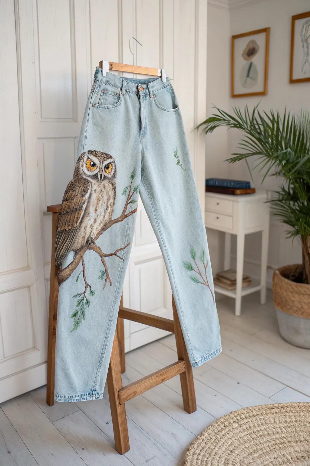 Embrace the wisdom of nature with hand-painted owl jeans that blend artistry and simplicity effortlessly.