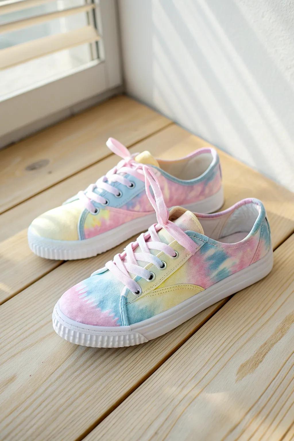 Step into joy with these magnificently watercolored tennis shoes, an ideal fusion of craft and color.