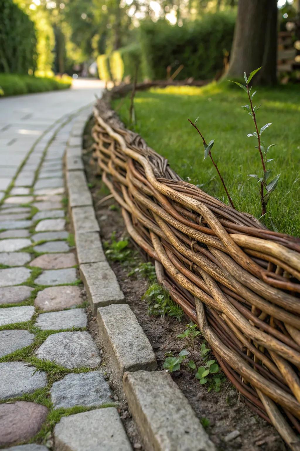 Incorporate a hint of countryside elegance through a beautifully knitted willow edge for your garden trail.