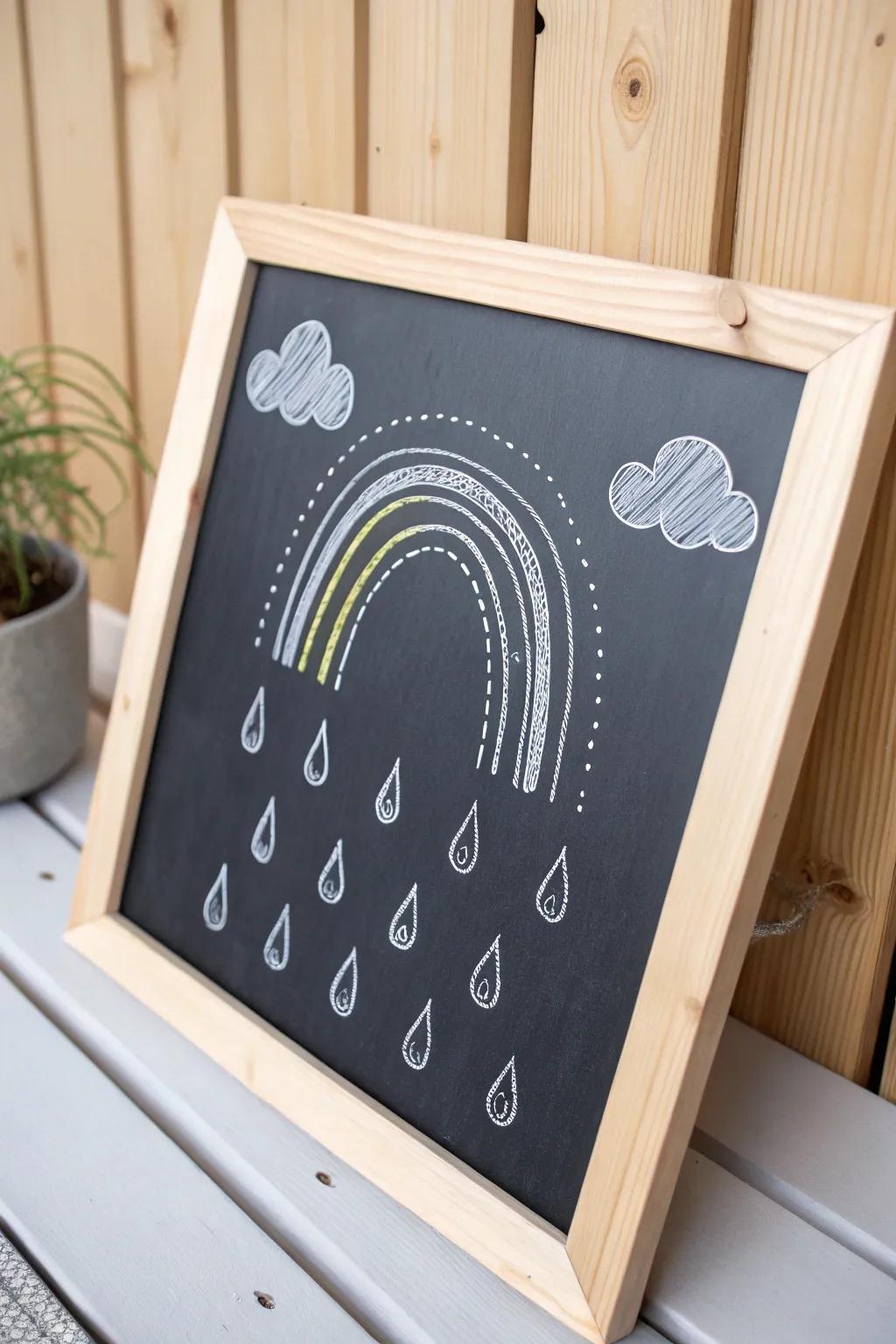 Embrace the serenity of spring with minimalist chalkboard artistry: raindrops culminating in an iridescent arc, a reminder of nature's gentle beauty.