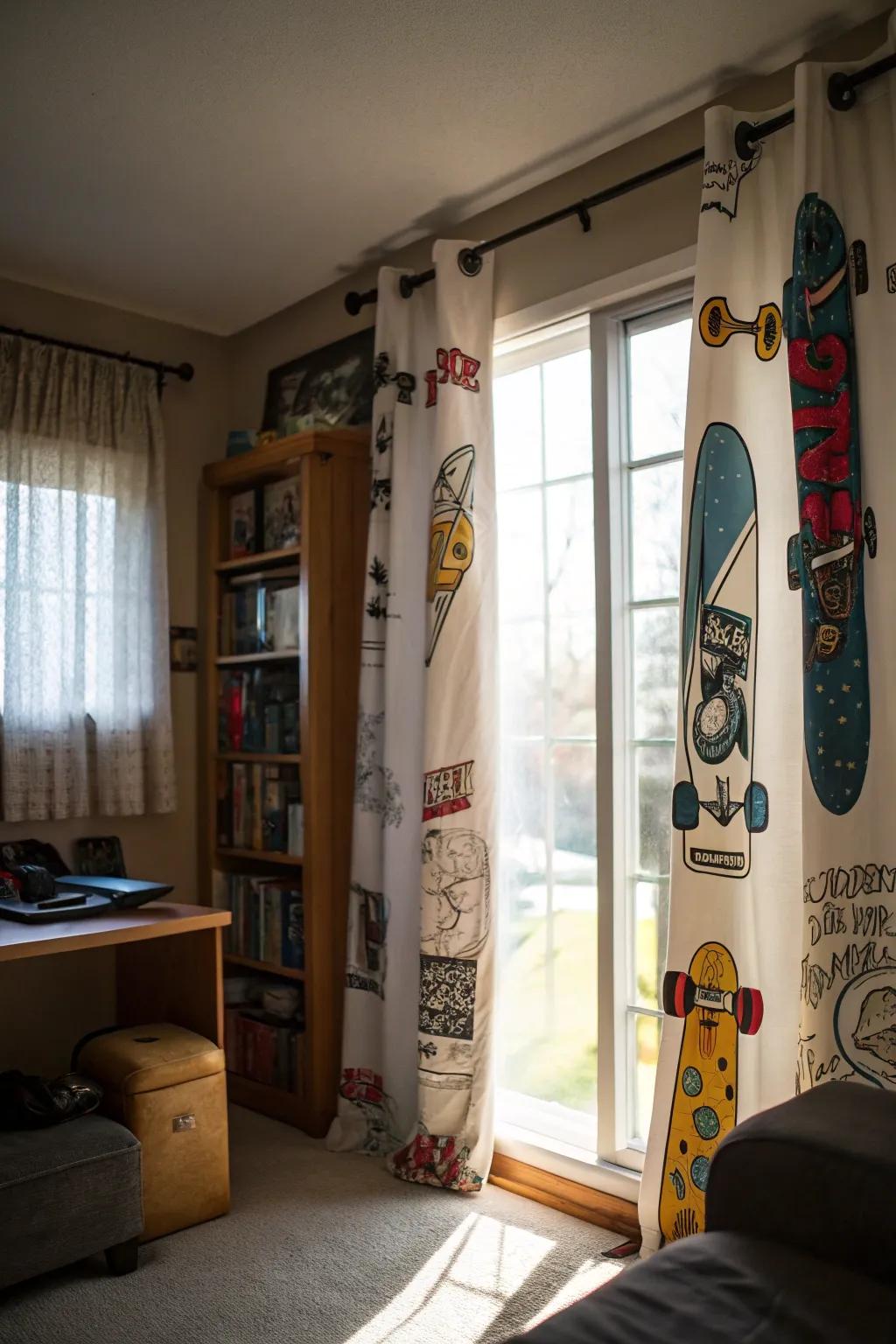 Skateboard-inspired curtains adding a cohesive finish to the decor.