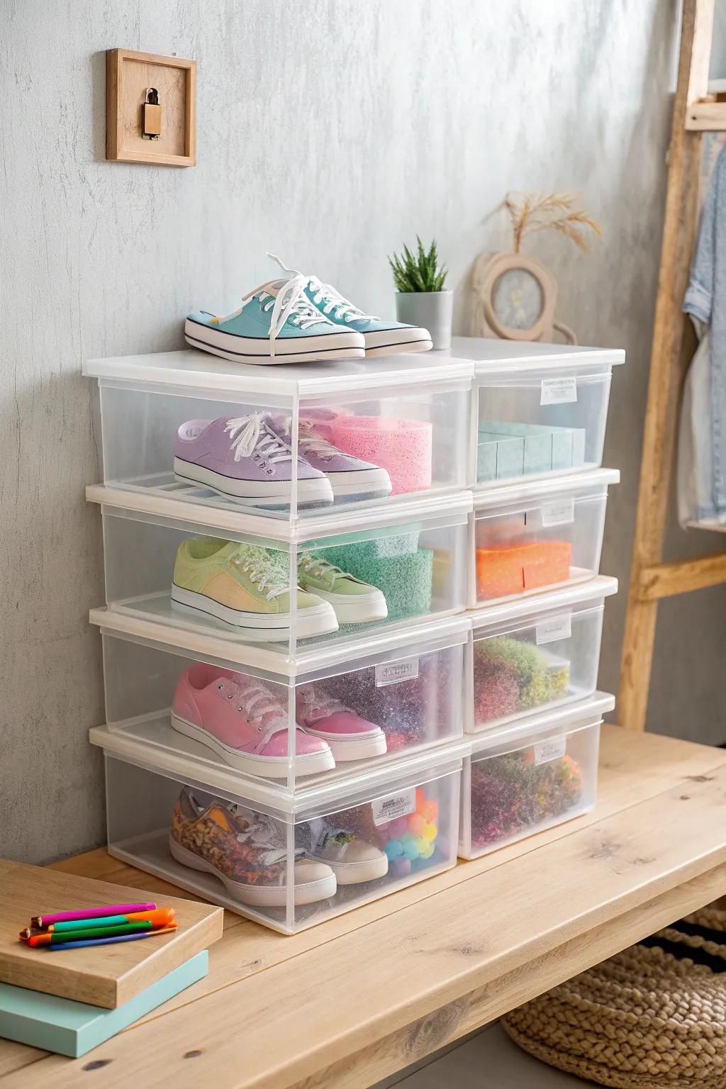 Elevate your slime storage with chic, clear shoe boxes - perfect for the minimalist!