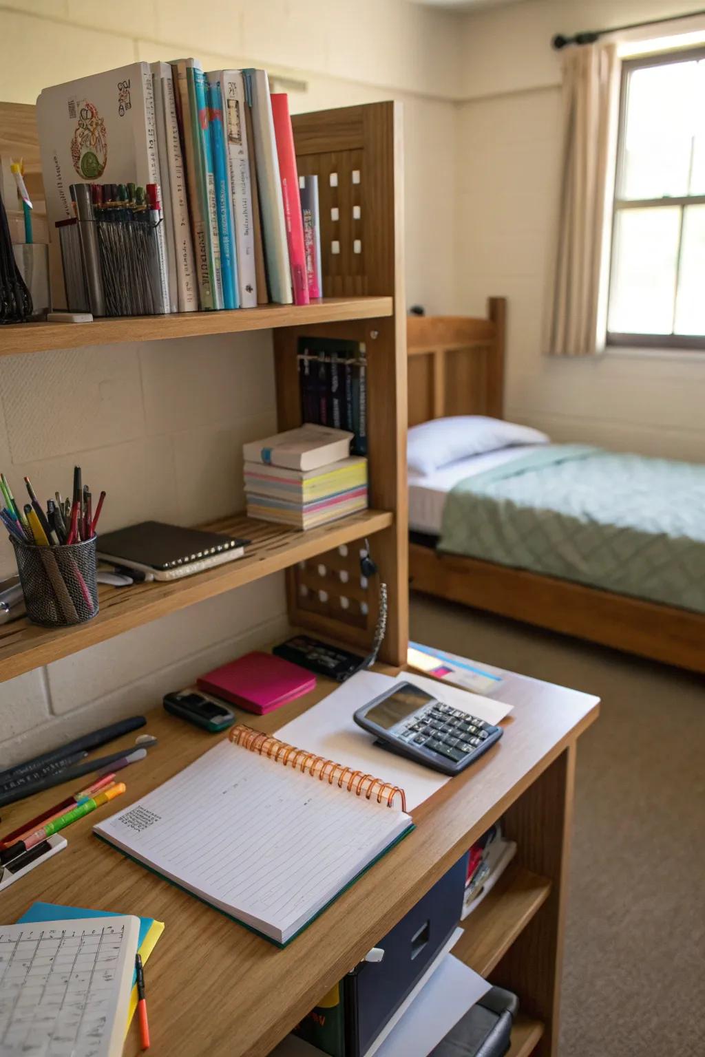 Over-the-desk tiering provides extra area for school supplies.