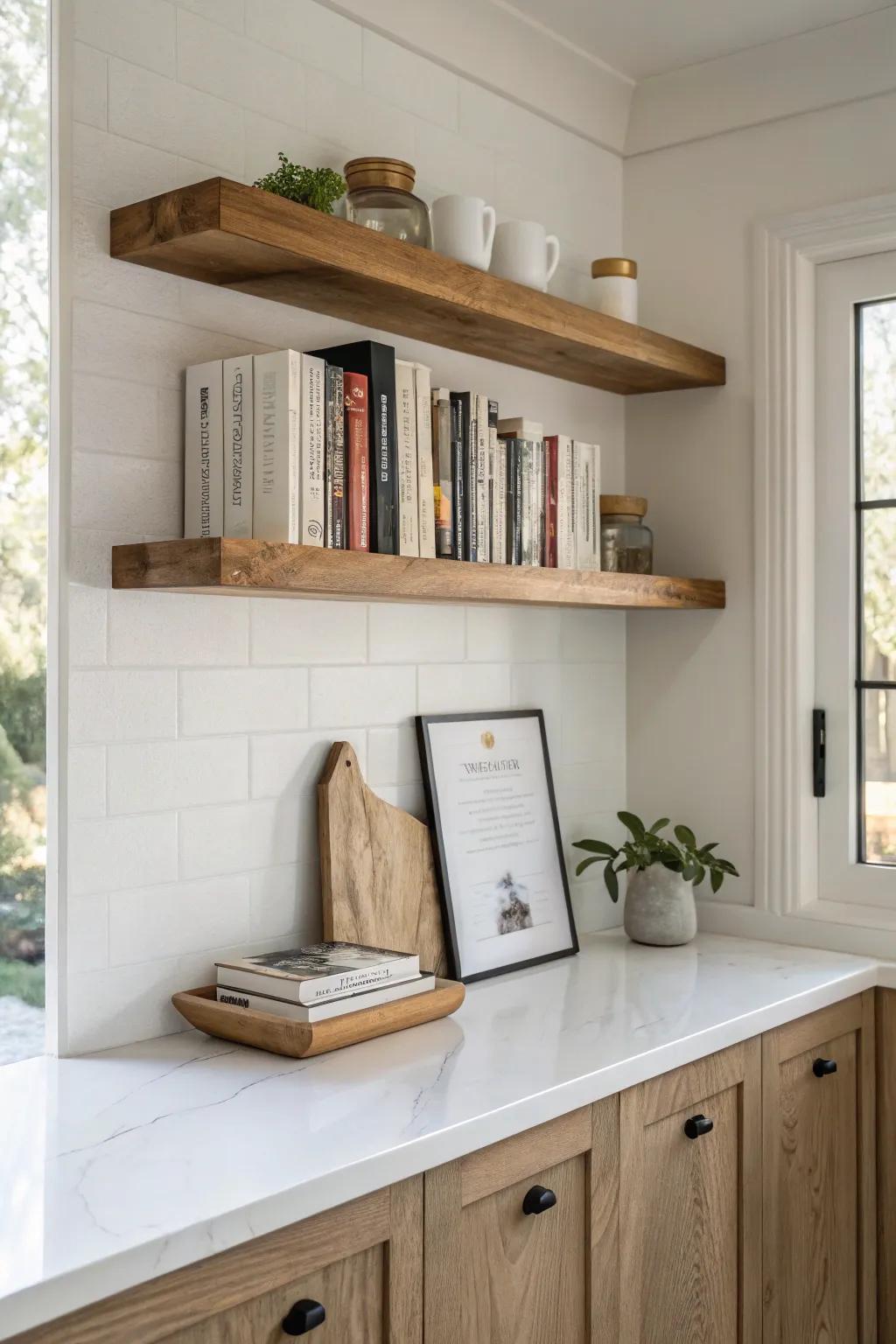 Infuse your kitchen with sophistication and practicality by incorporating a stylish cookbook display.