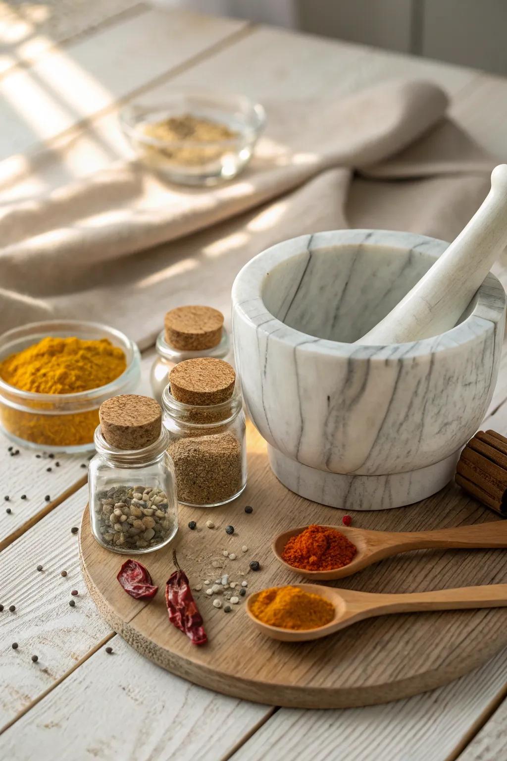 Elevate your cooking space with a minimalist seasoning collection and charming cooking utensils, blending straightforwardness with innate elegance.