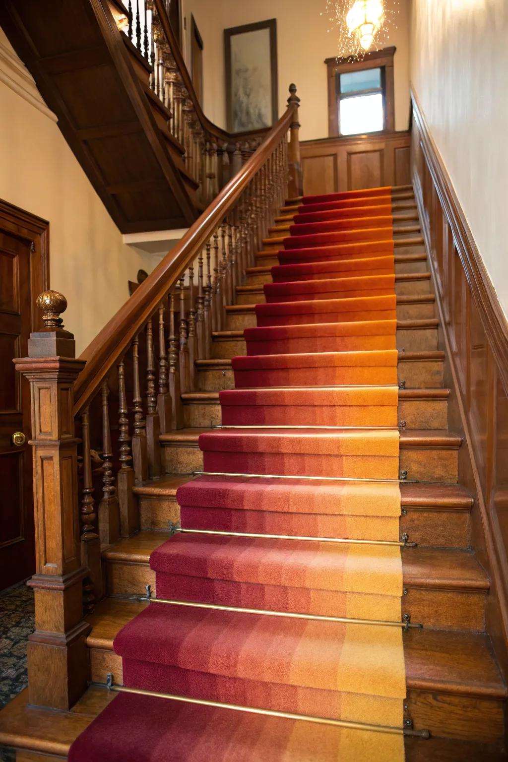 Transform your stairs into a masterpiece with a warm-toned gradient step covering.