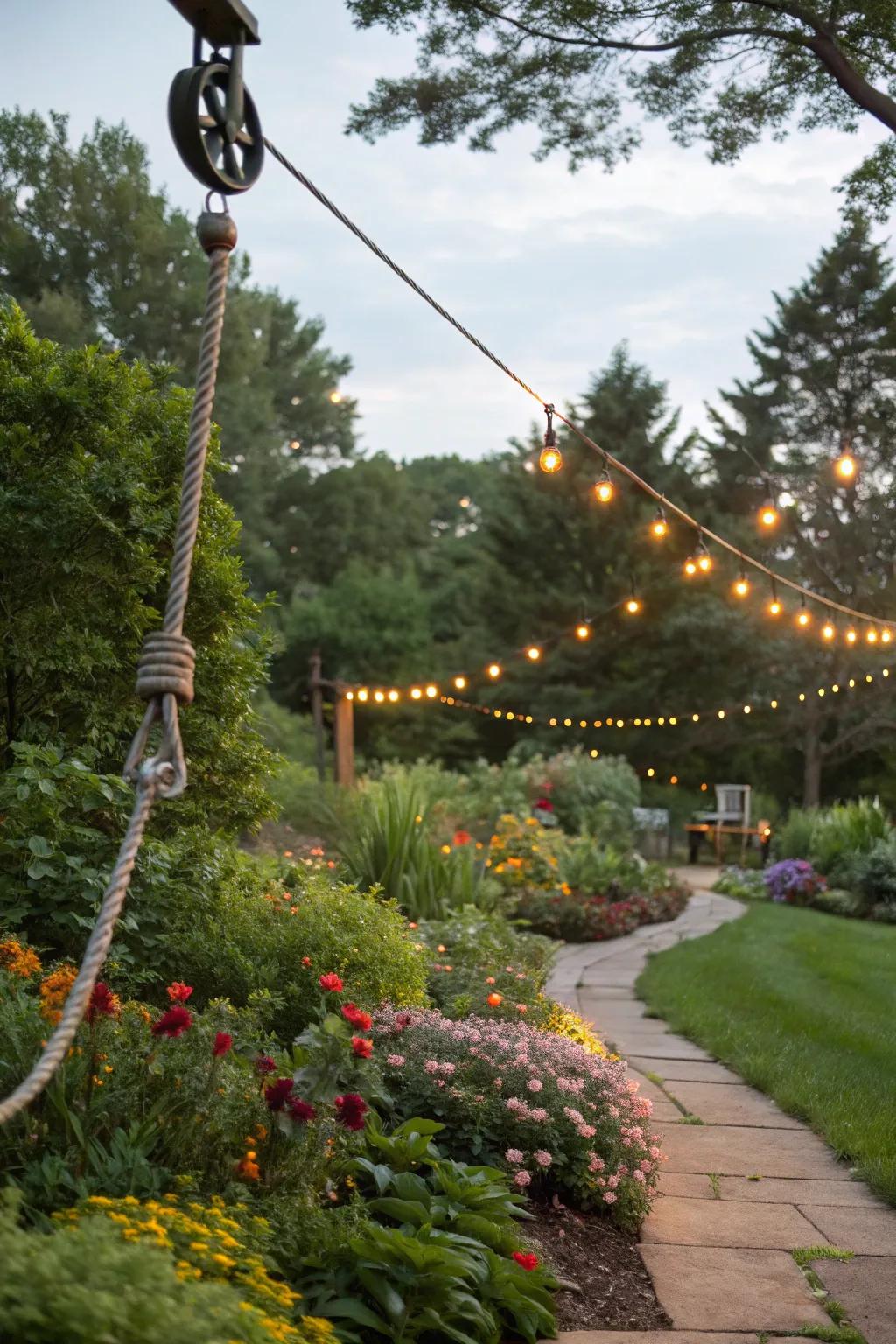 A cord and pulley system offers versatility for adjusting string light heights.