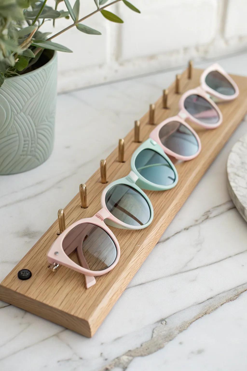 Transform your sunglass storage into a chic display with this pastel peg row—where simplicity meets playful elegance.