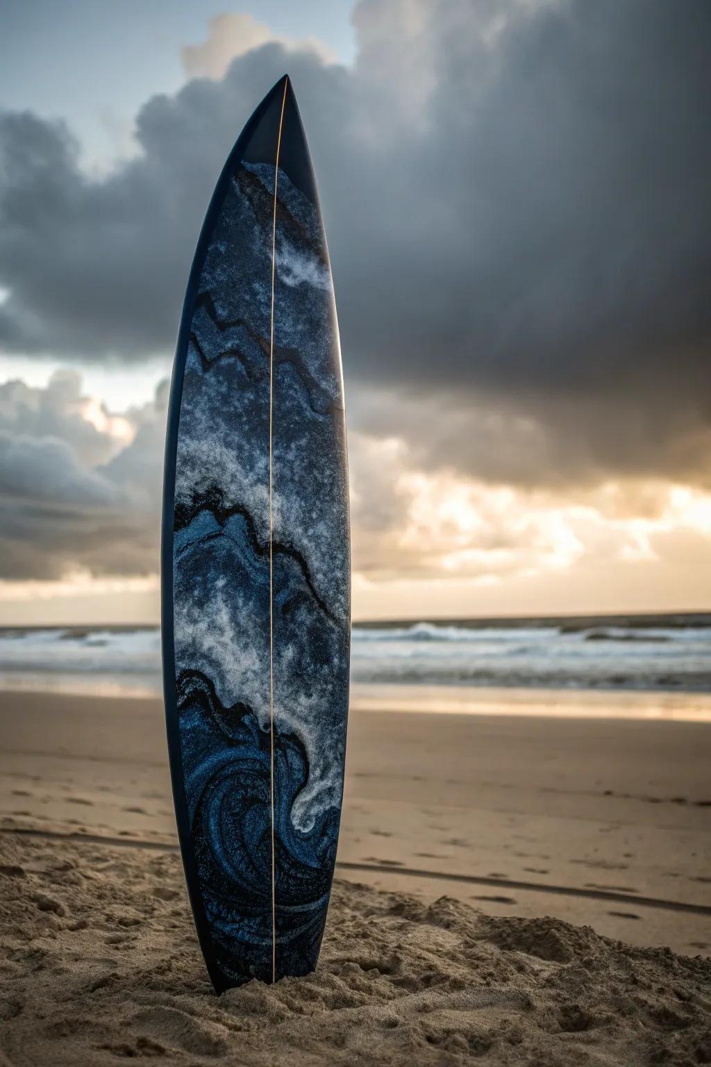 Embrace the allure of stormy seas through this dim and tempestuous surfboard masterpiece.
