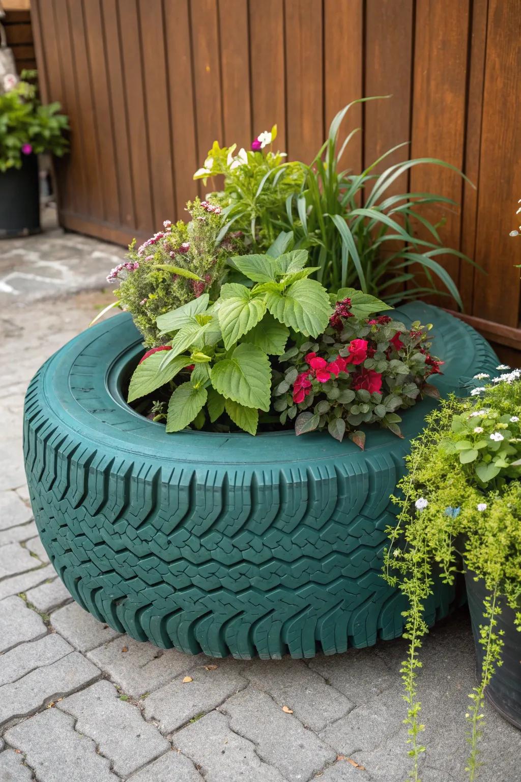 Transform tires into a stunning botanical refuge—where skillful creation harmonizes with nature.