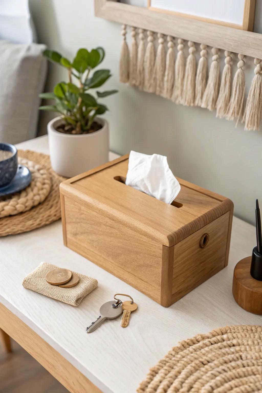 Uncover the elegance of straightforwardness with our multifunctional tissue box, ideally suited for a clutter-free entrance.
