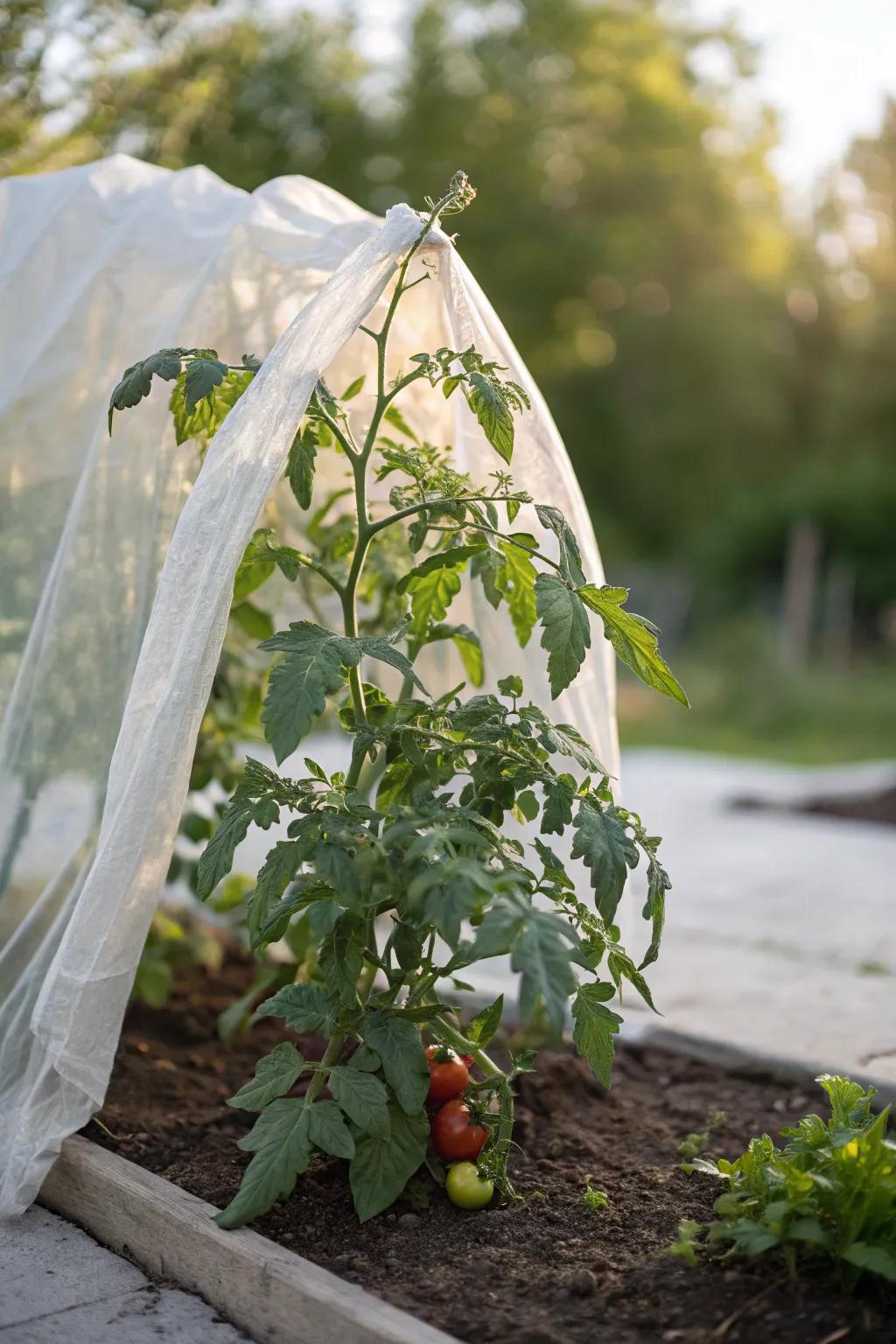 Embrace the art of simplicity and elegance with shifting fabric protectors for your thriving tomato garden.